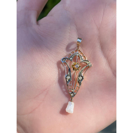 Vintage Solid 10k Yellow Gold Diamond Pearl Dangle Ornate Charm