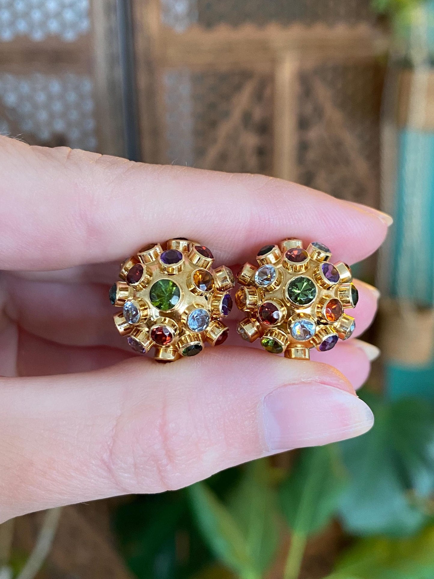 Vintage Solid 18k Yellow Gold Green Tourmaline Citrine Garnet Aquamarine Amethyst Stud Earrings