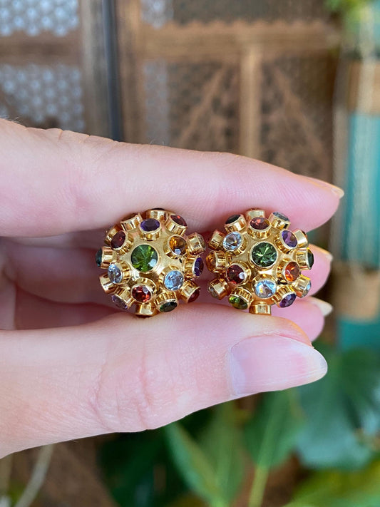 Vintage Solid 18k Yellow Gold Green Tourmaline Citrine Garnet Aquamarine Amethyst Stud Earrings