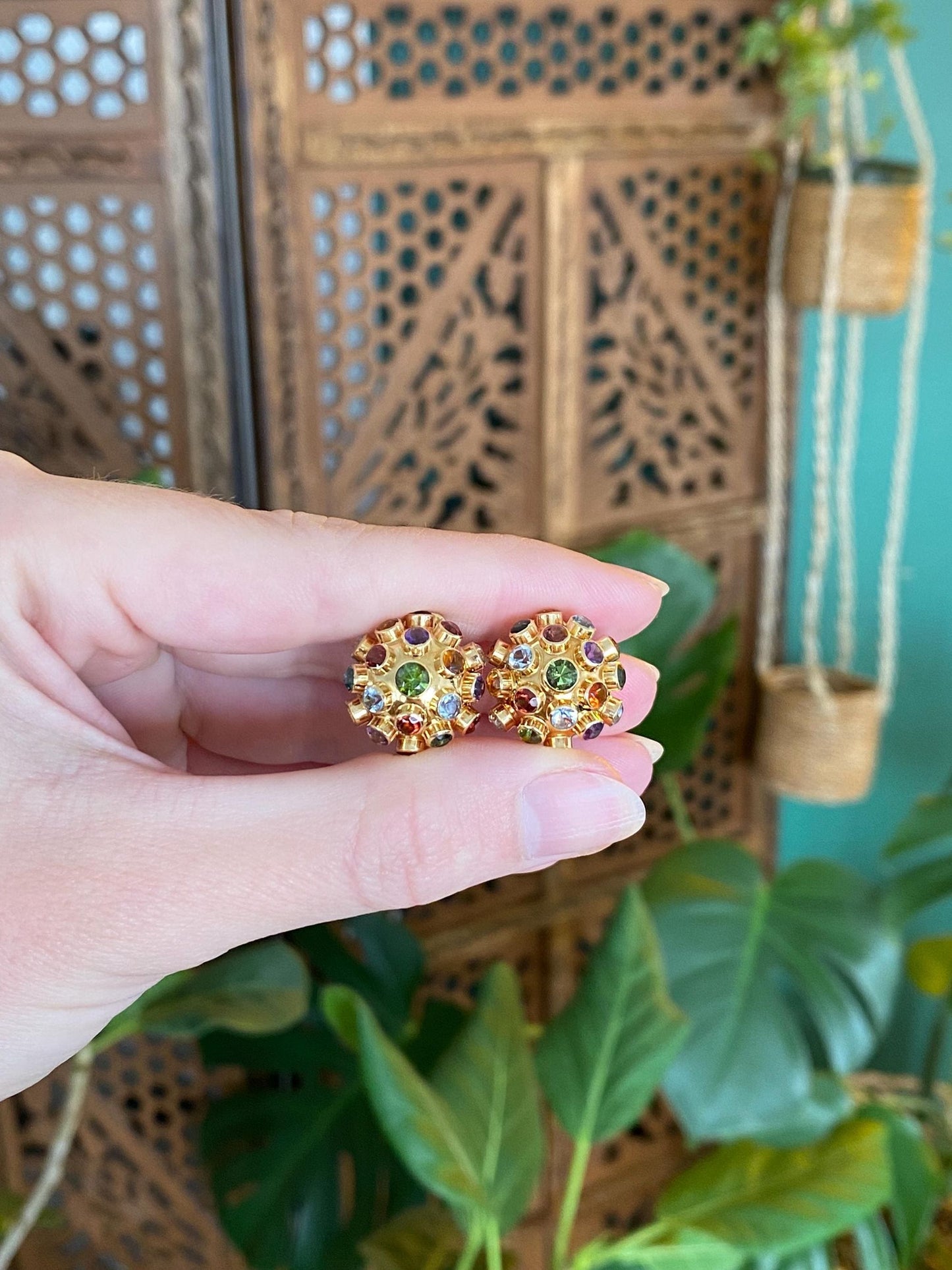 Vintage Solid 18k Yellow Gold Green Tourmaline Citrine Garnet Aquamarine Amethyst Stud Earrings