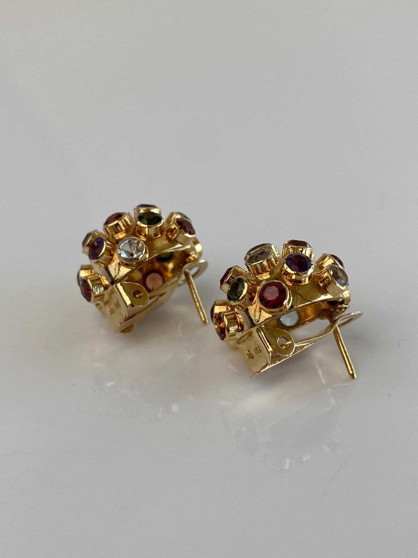 Vintage Solid 18k Yellow Gold Green Tourmaline Citrine Garnet Aquamarine Amethyst Stud Earrings