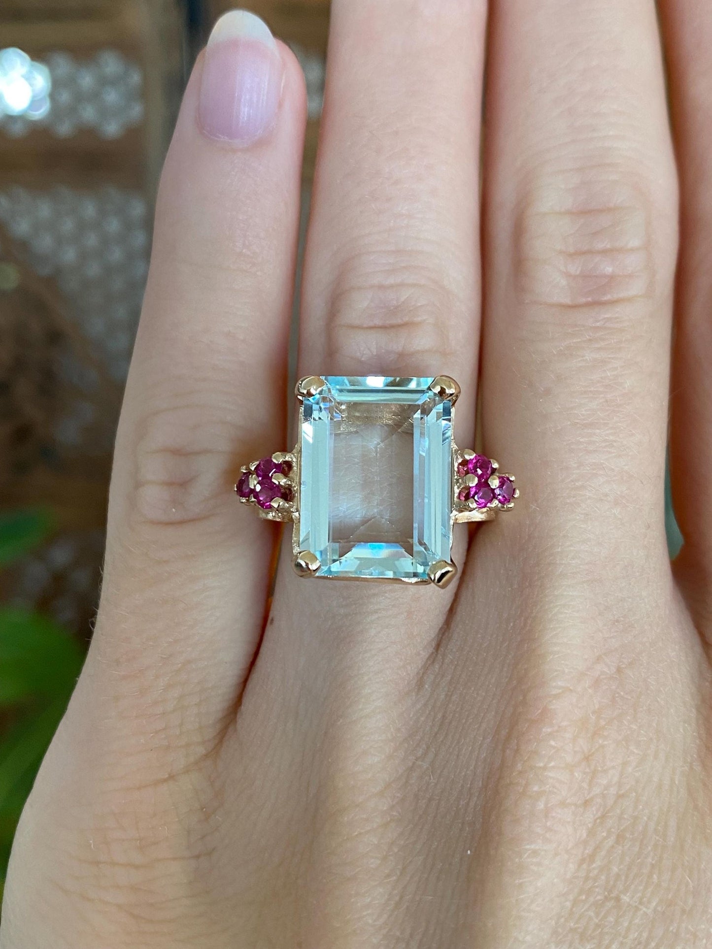Vintage Solid 14k Yellow Gold Aquamarine Pink Sapphire Ring - Size 5