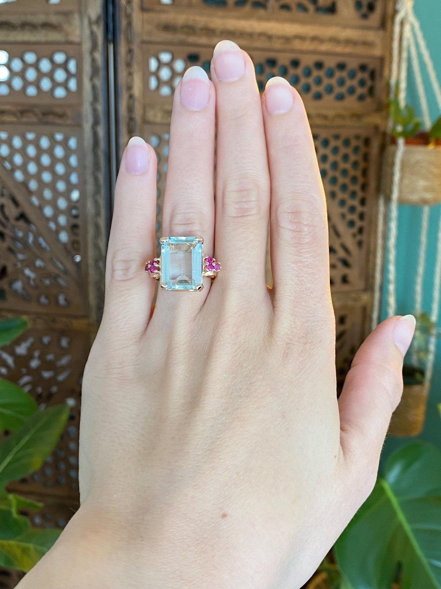 Vintage Solid 14k Yellow Gold Aquamarine Pink Sapphire Ring - Size 5