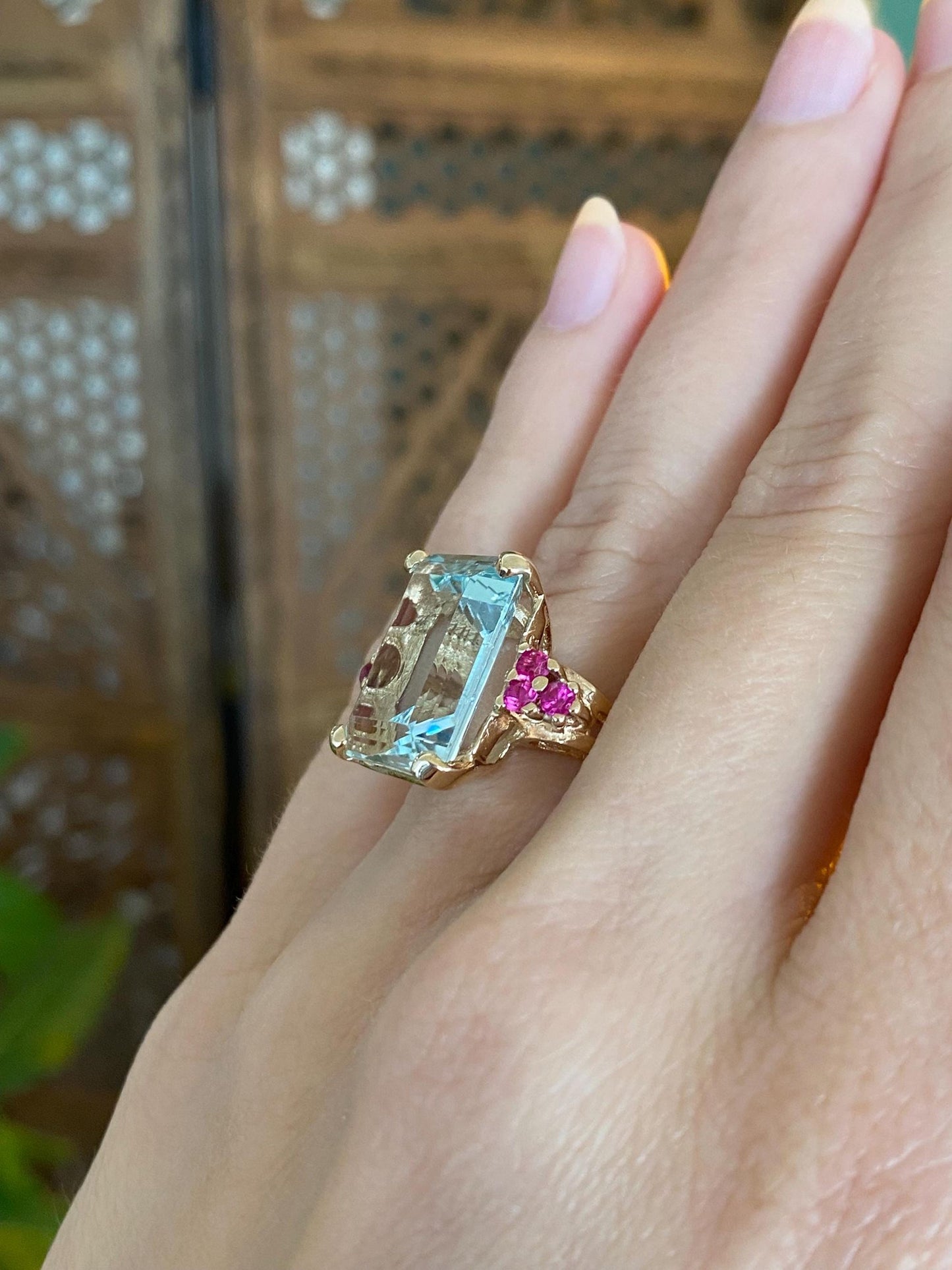 Vintage Solid 14k Yellow Gold Aquamarine Pink Sapphire Ring - Size 5