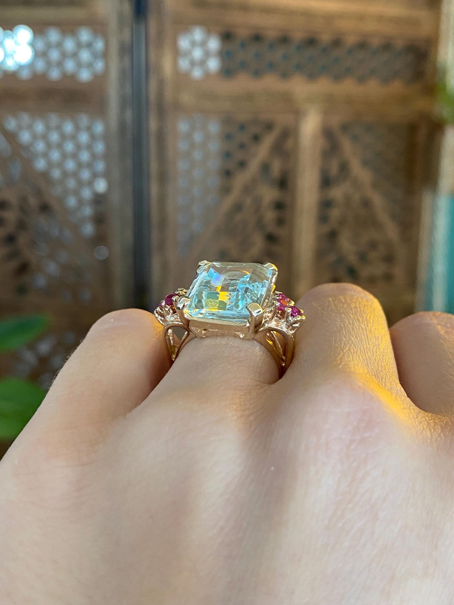 Vintage Solid 14k Yellow Gold Aquamarine Pink Sapphire Ring - Size 5