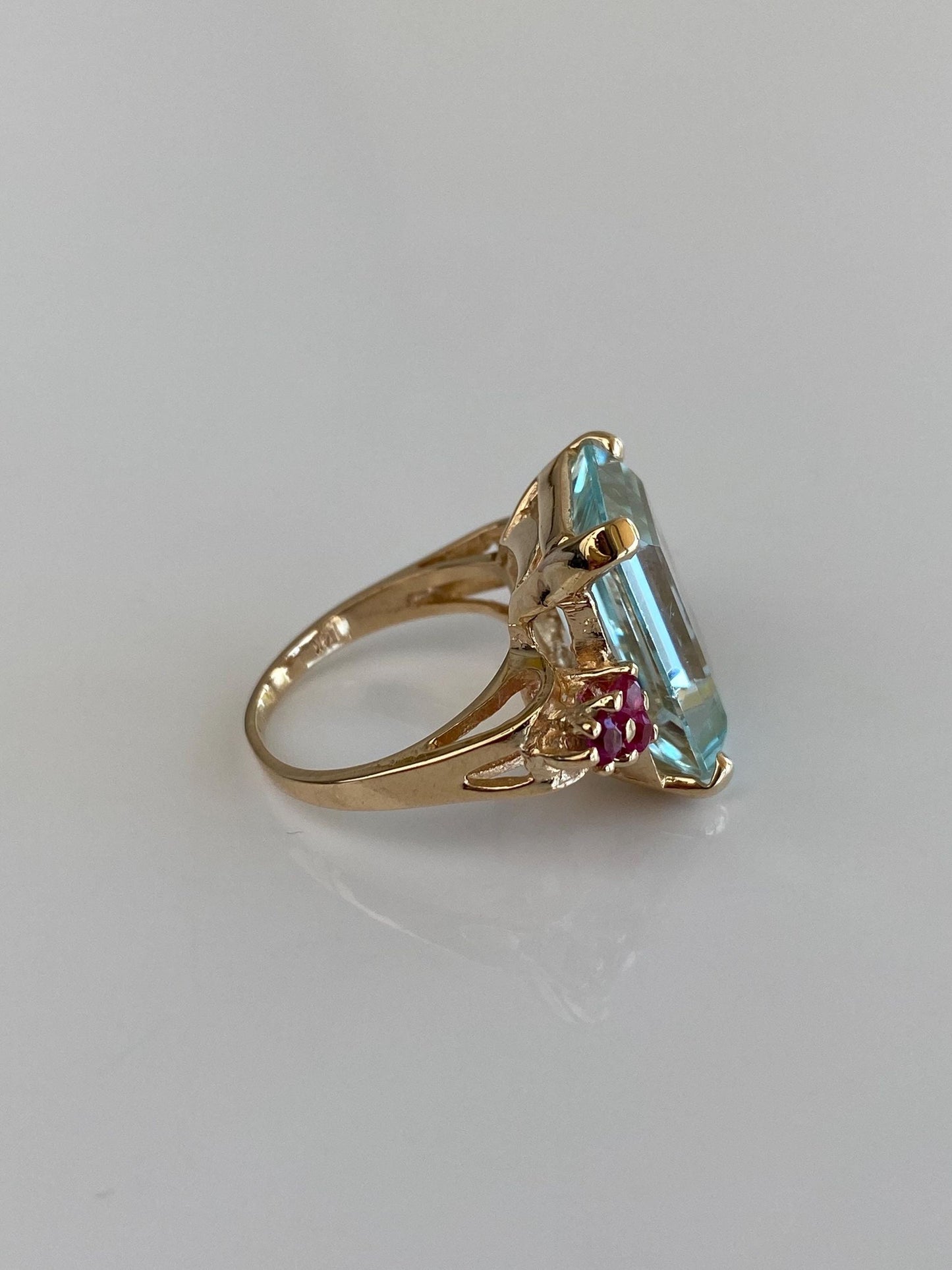 Vintage Solid 14k Yellow Gold Aquamarine Pink Sapphire Ring - Size 5
