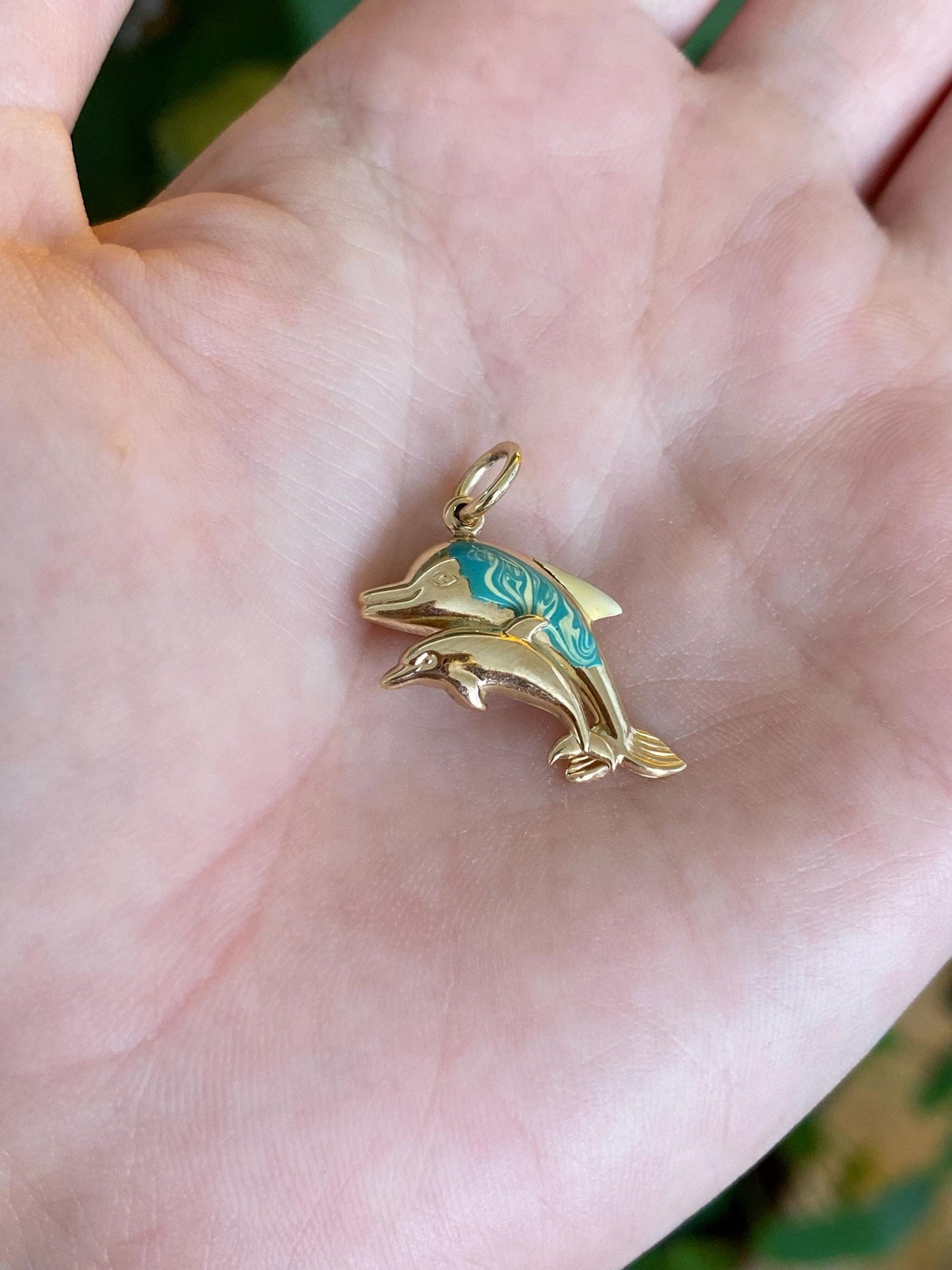 Vintage Solid 14k Yellow Gold Enamel Dolphins & Baby Charm