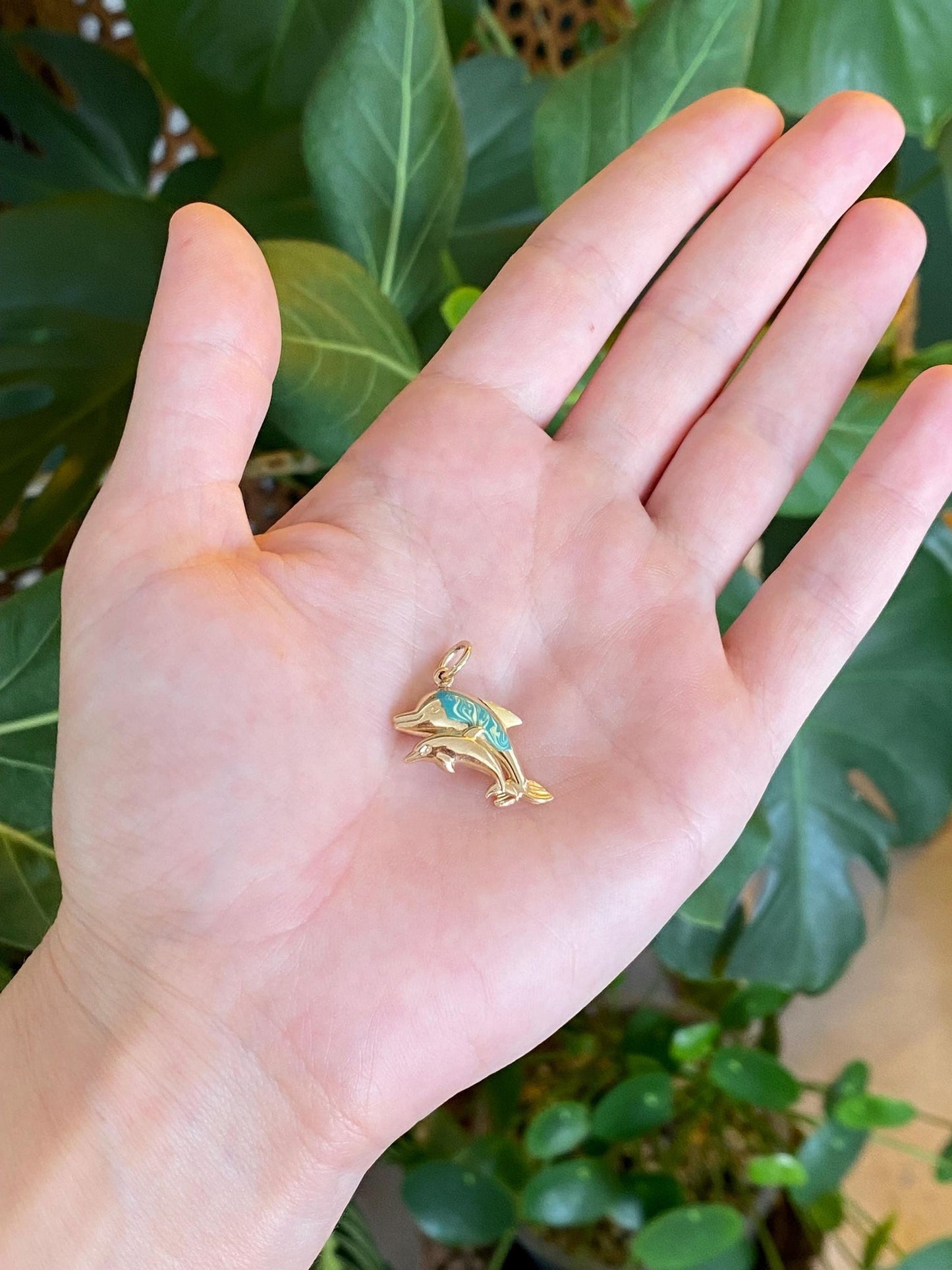Vintage Solid 14k Yellow Gold Enamel Dolphins & Baby Charm
