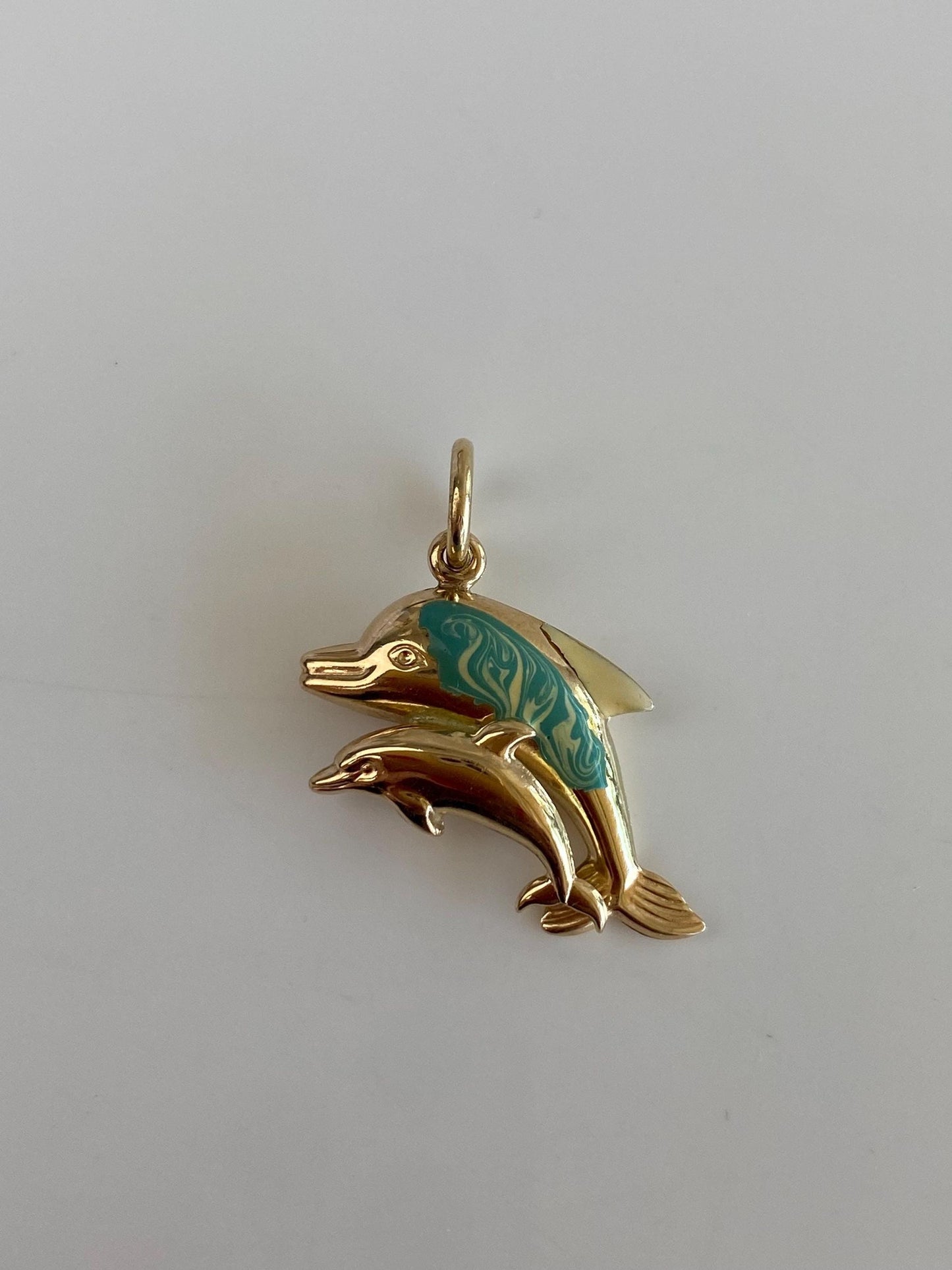 Vintage Solid 14k Yellow Gold Enamel Dolphins & Baby Charm