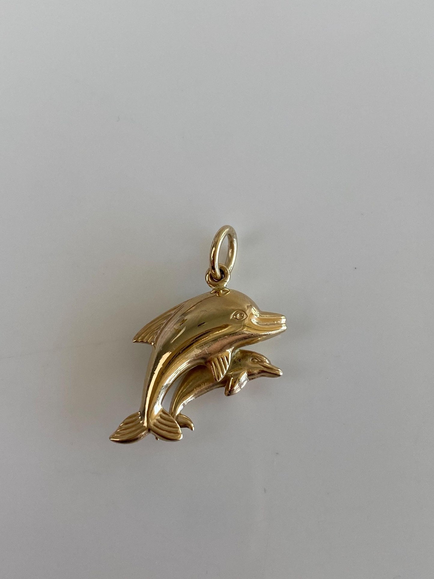Vintage Solid 14k Yellow Gold Enamel Dolphins & Baby Charm