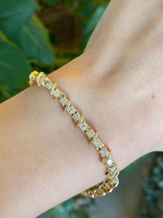 Vintage Solid 14k Yellow Gold Diamond Link Bracelet - 7.25 inches