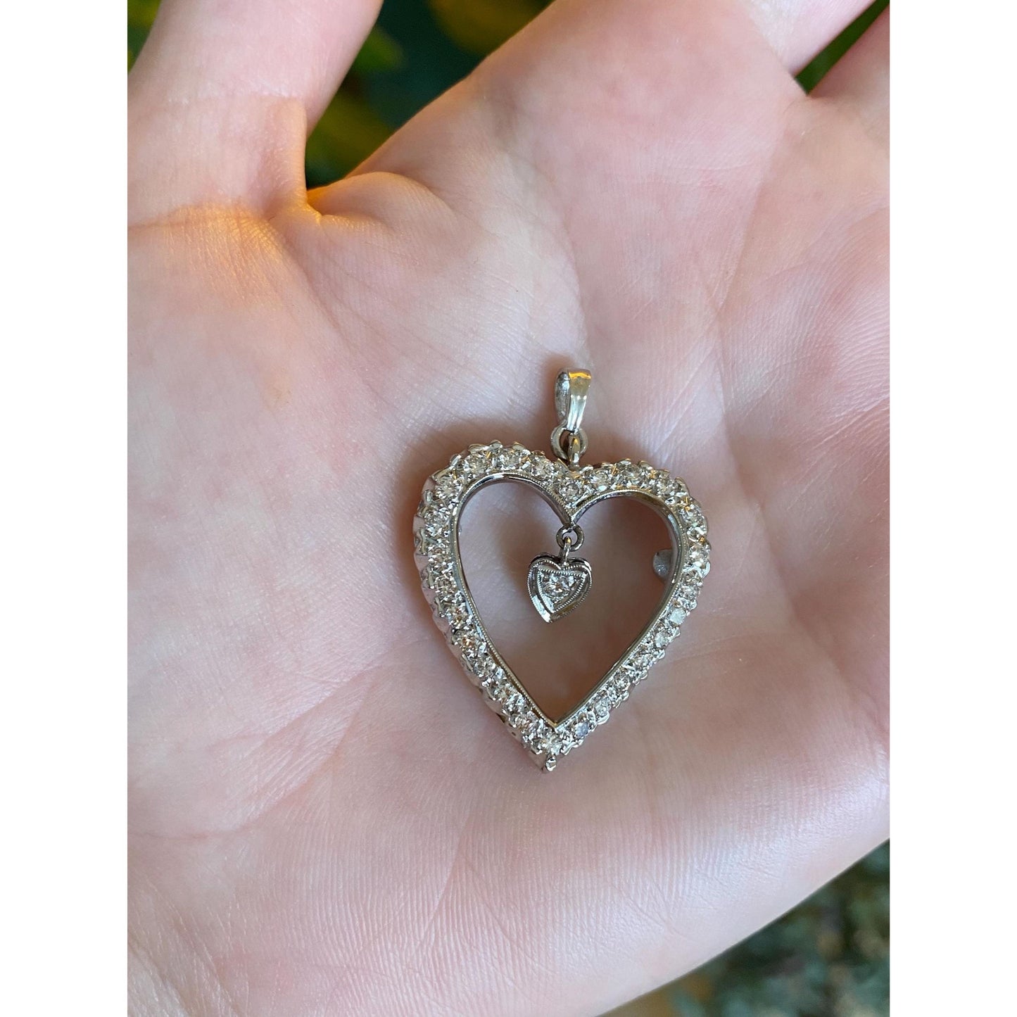 Vintage Solid 14k White Gold Diamond Dangle Heart Charm