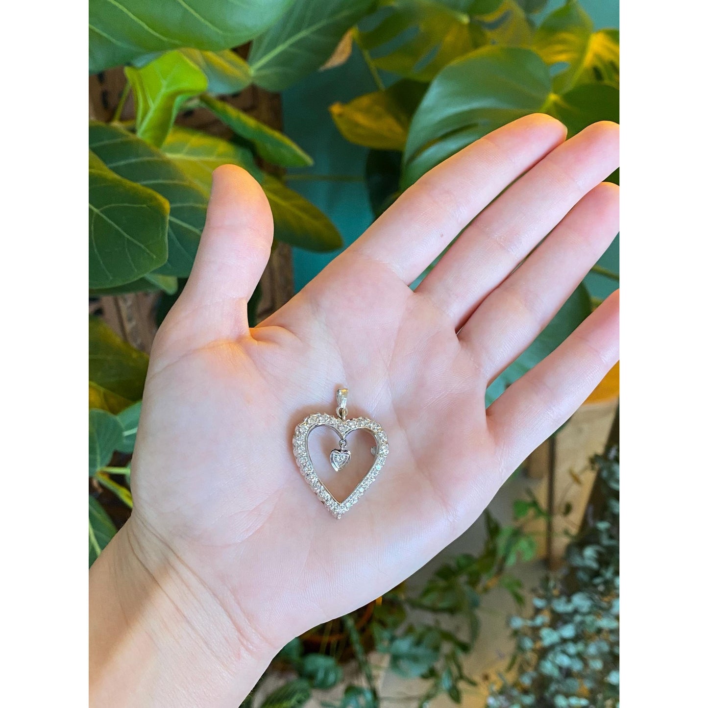 Vintage Solid 14k White Gold Diamond Dangle Heart Charm