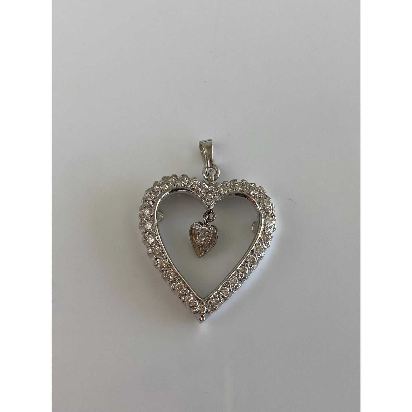 Vintage Solid 14k White Gold Diamond Dangle Heart Charm