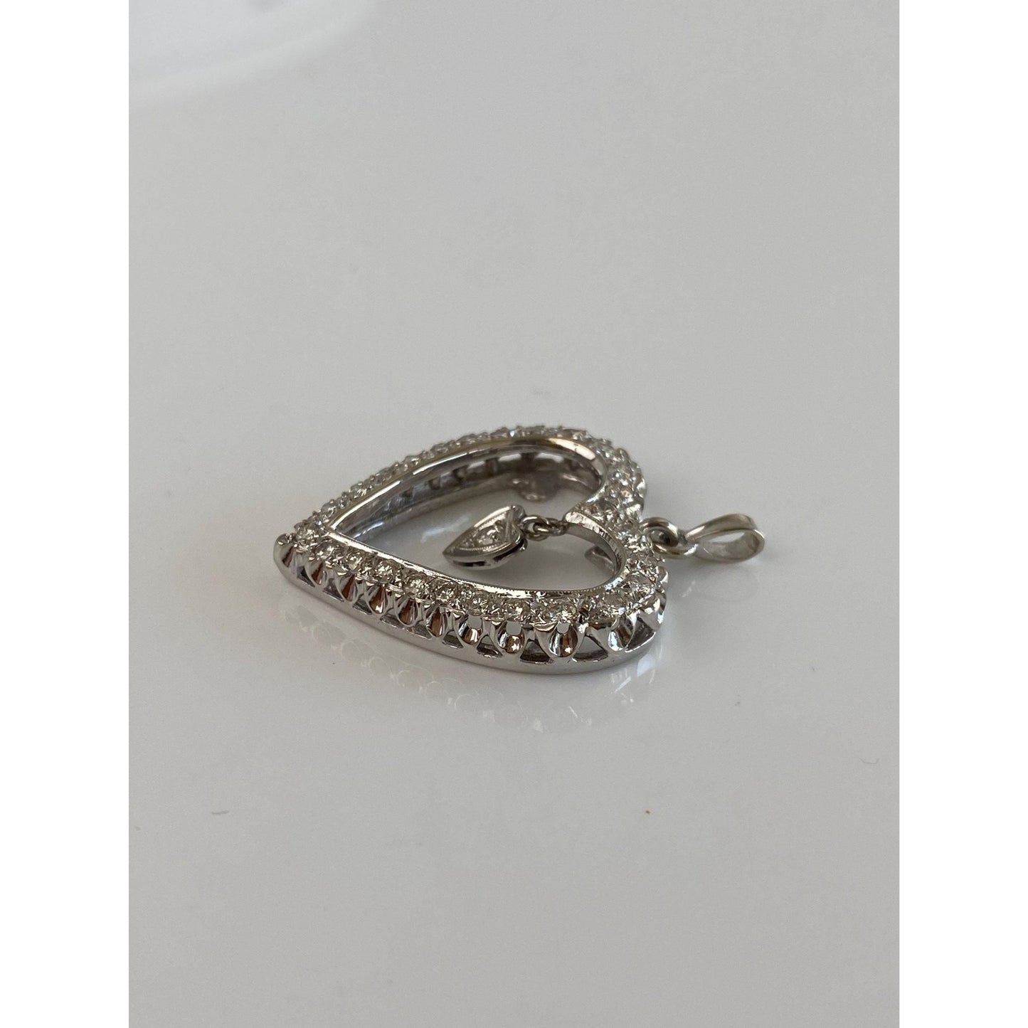 Vintage Solid 14k White Gold Diamond Dangle Heart Charm