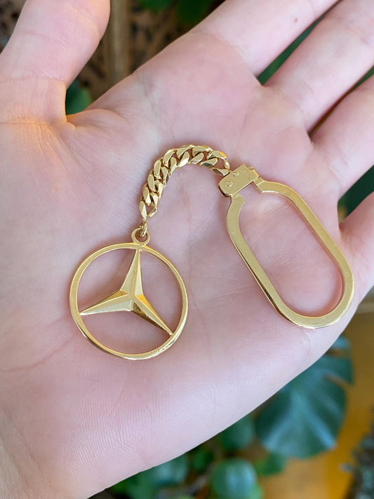 Vintage Solid 18k Yellow Gold Mercedes Tight Curb Chain Keychain