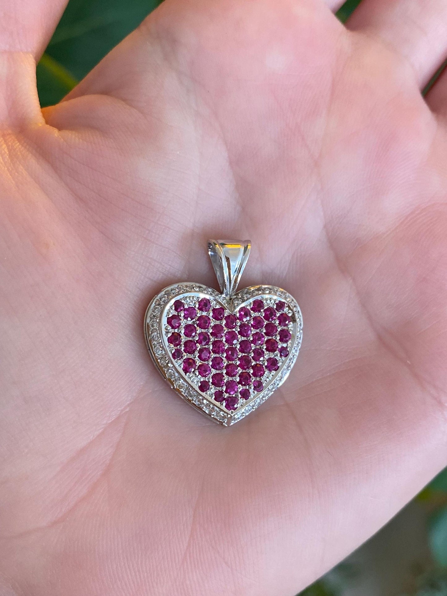 Vintage Solid 18k White Gold Diamond Pink Sapphire Heart Charm