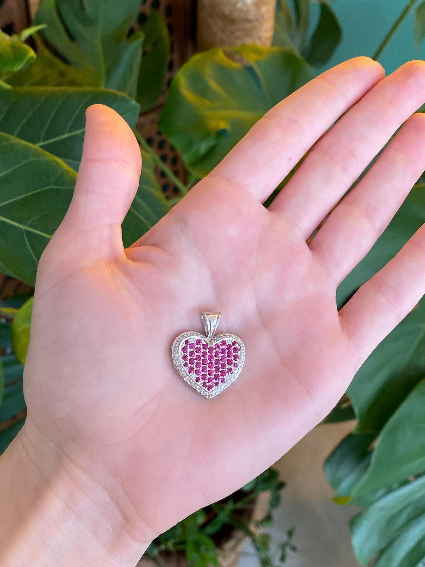 Vintage Solid 18k White Gold Diamond Pink Sapphire Heart Charm