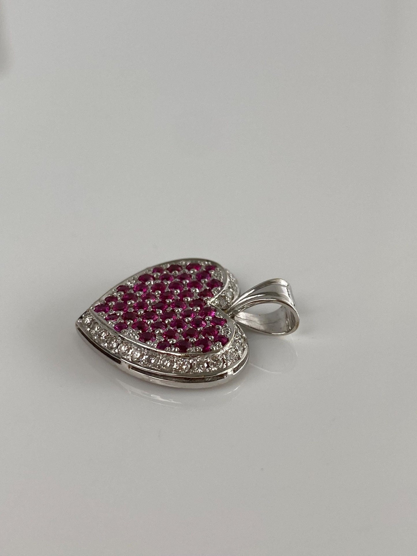 Vintage Solid 18k White Gold Diamond Pink Sapphire Heart Charm
