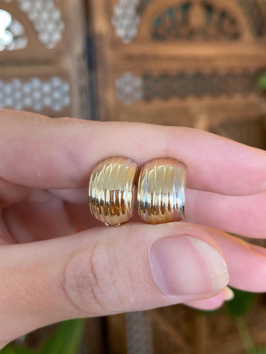 Vintage Solid 14k White & Yellow Gold Lined Design Hoop Earrings