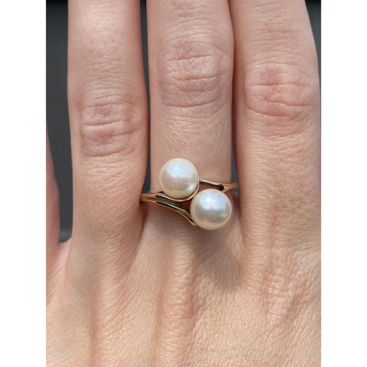 Vintage Solid 10k Yellow Gold Double Pearl Ring - Size 8.75