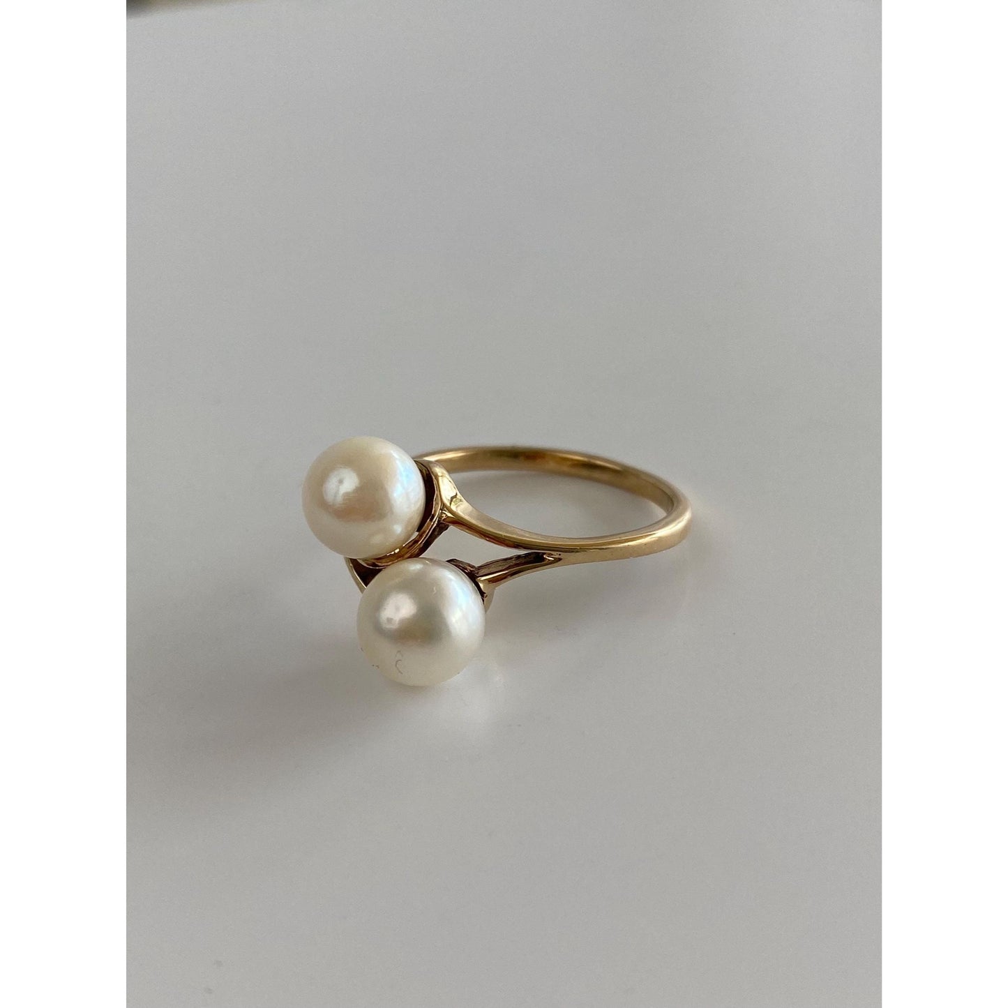 Vintage Solid 10k Yellow Gold Double Pearl Ring - Size 8.75