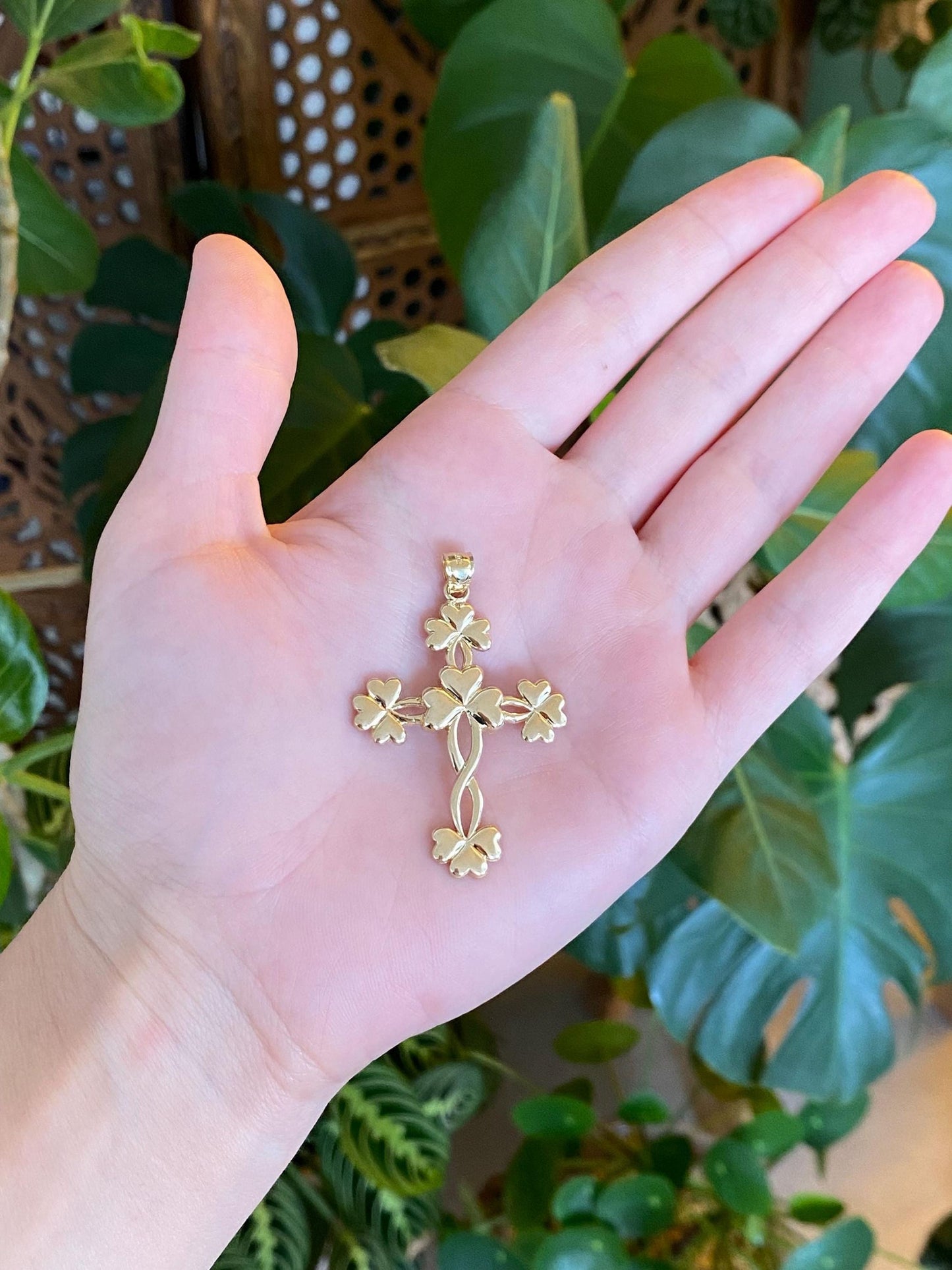 Vintage Solid 14k Yellow Gold Clovers Cross Charm