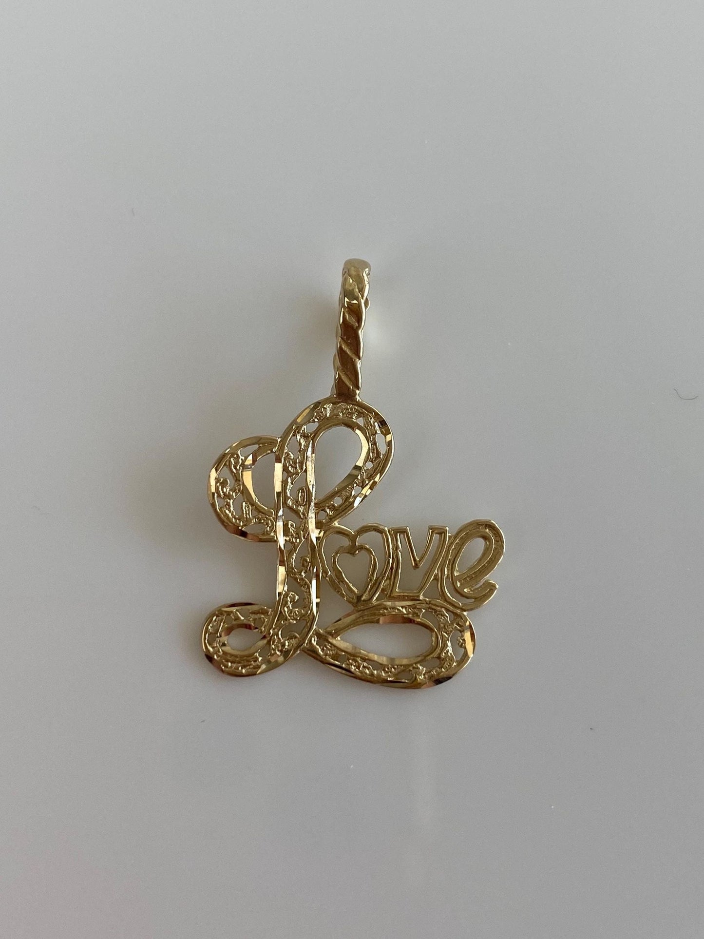 Vintage Solid 14k Yellow Gold Diamond Cut Open Work 'Love' Charm