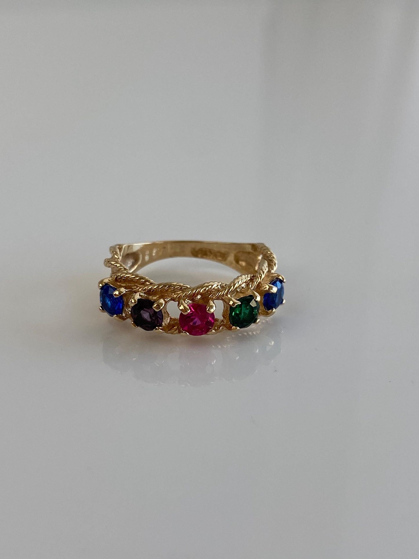 Vintage Solid 10k Yellow Gold Blue Purple & Green Spinel Pink Sapphire Row Ring Band - Size 5.75