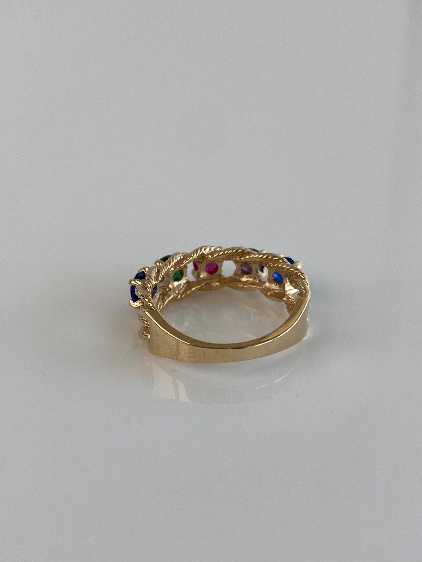 Vintage Solid 10k Yellow Gold Blue Purple & Green Spinel Pink Sapphire Row Ring Band - Size 5.75