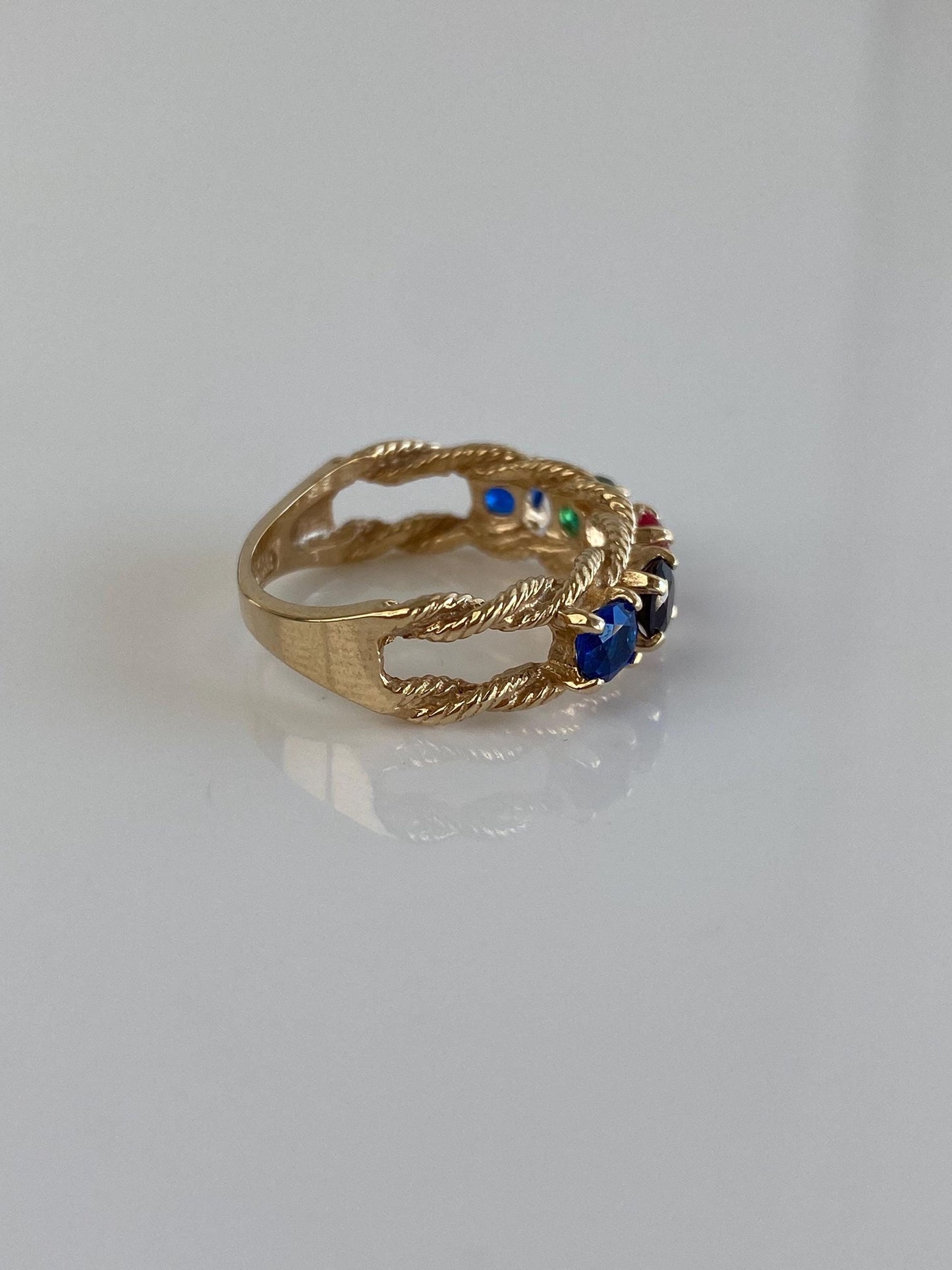 Vintage Solid 10k Yellow Gold Blue Purple & Green Spinel Pink Sapphire Row Ring Band - Size 5.75
