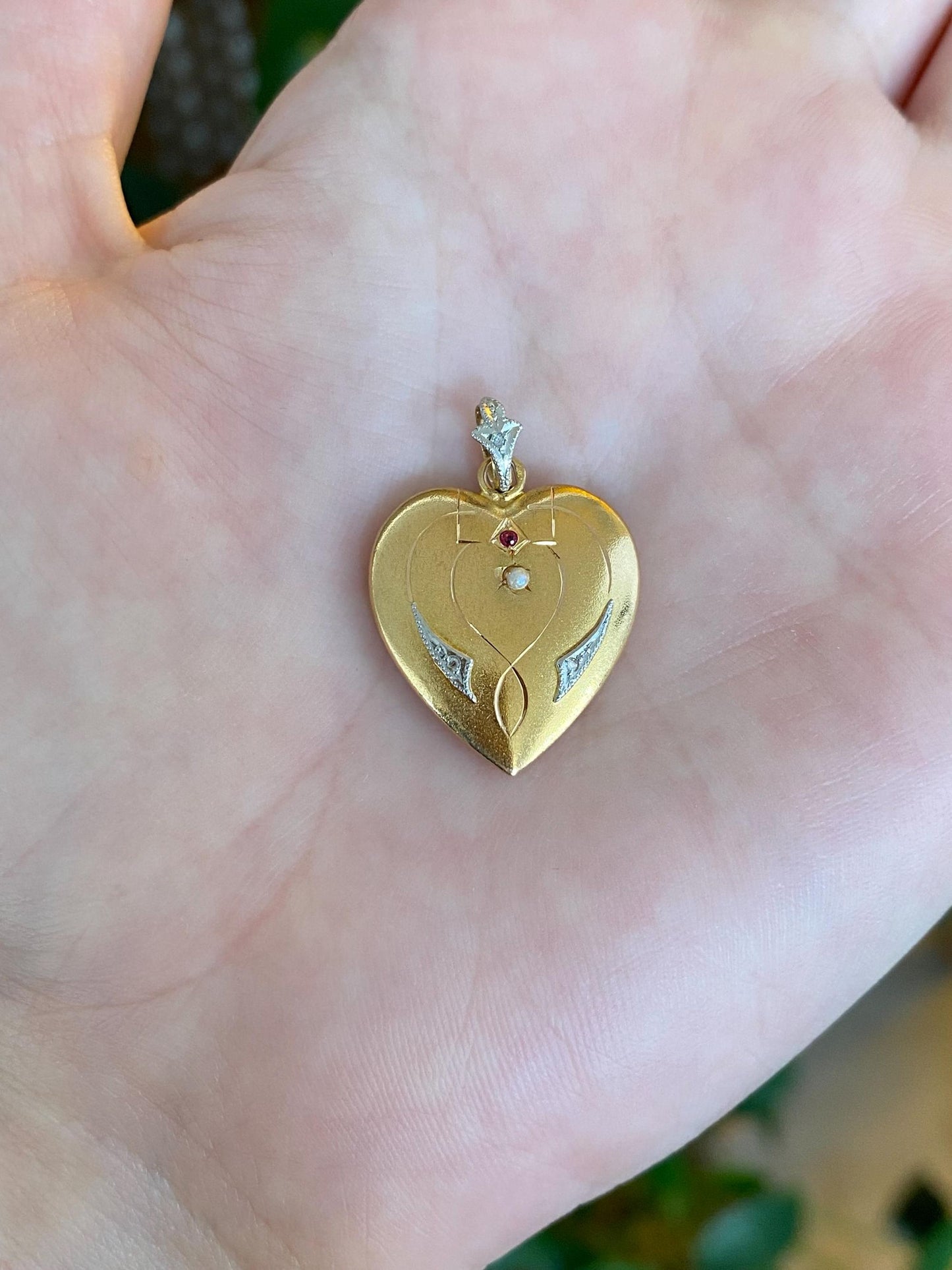 Vintage 23k White & Yellow Gold Red Cubic Zirconia Clear Sapphire Seed Pearl Heart Charm