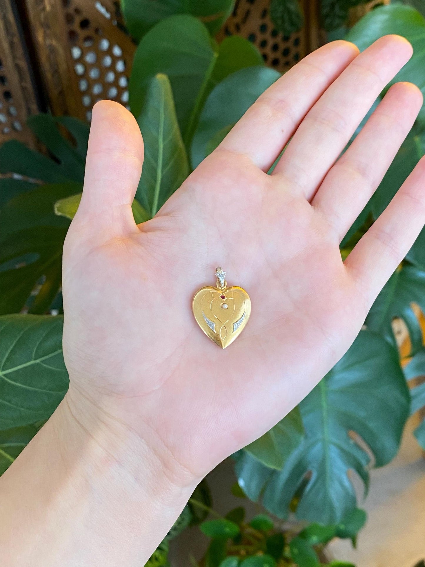 Vintage 23k White & Yellow Gold Red Cubic Zirconia Clear Sapphire Seed Pearl Heart Charm