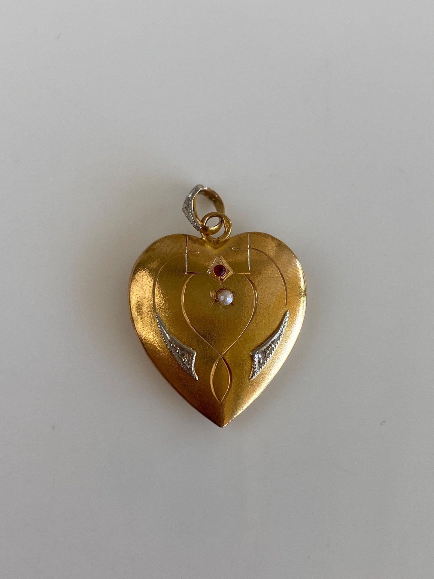 Vintage 23k White & Yellow Gold Red Cubic Zirconia Clear Sapphire Seed Pearl Heart Charm