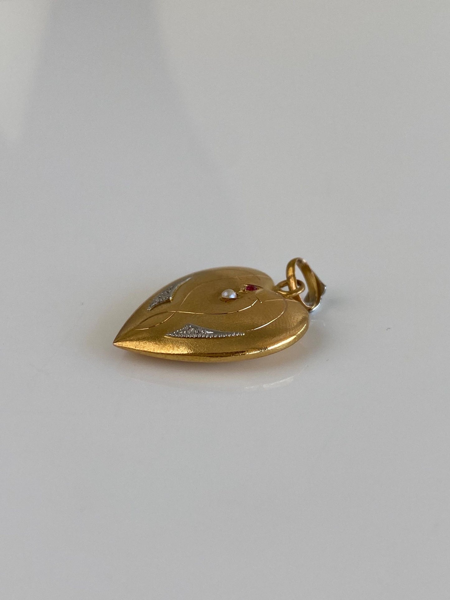 Vintage 23k White & Yellow Gold Red Cubic Zirconia Clear Sapphire Seed Pearl Heart Charm