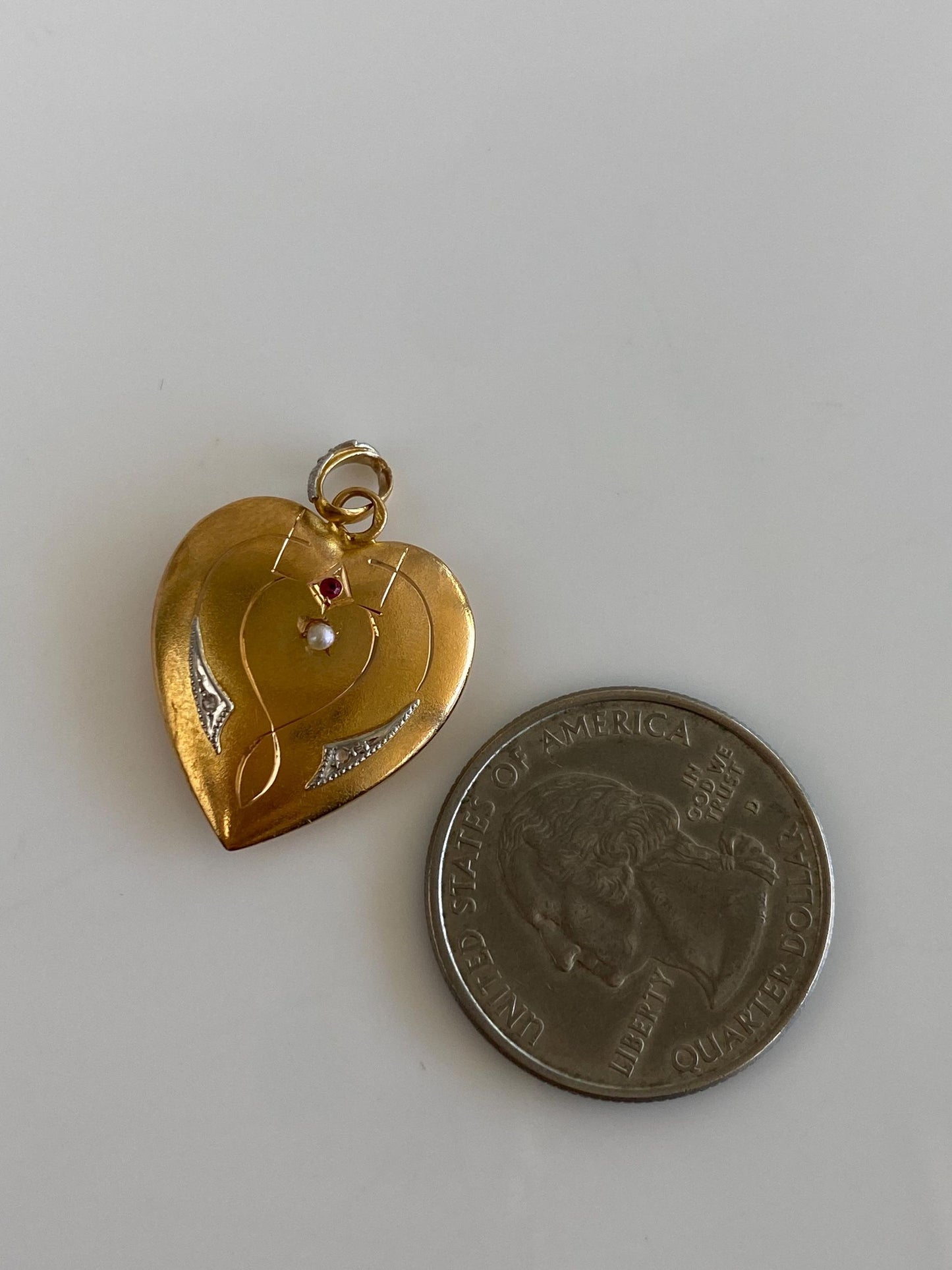 Vintage 23k White & Yellow Gold Red Cubic Zirconia Clear Sapphire Seed Pearl Heart Charm