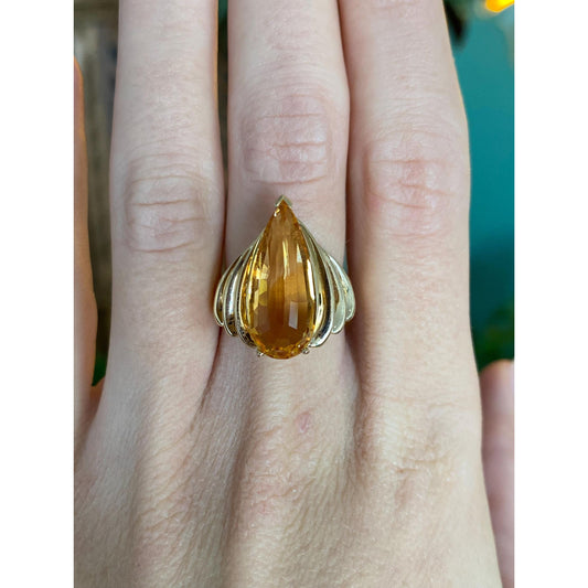 Vintage Solid 14k Yellow Gold Citrine Teardrop Fluted Ring - Size 5.75