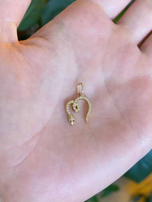 Solid 18k Yellow Gold Diamond Pink Sapphire Eyes Snake Charm