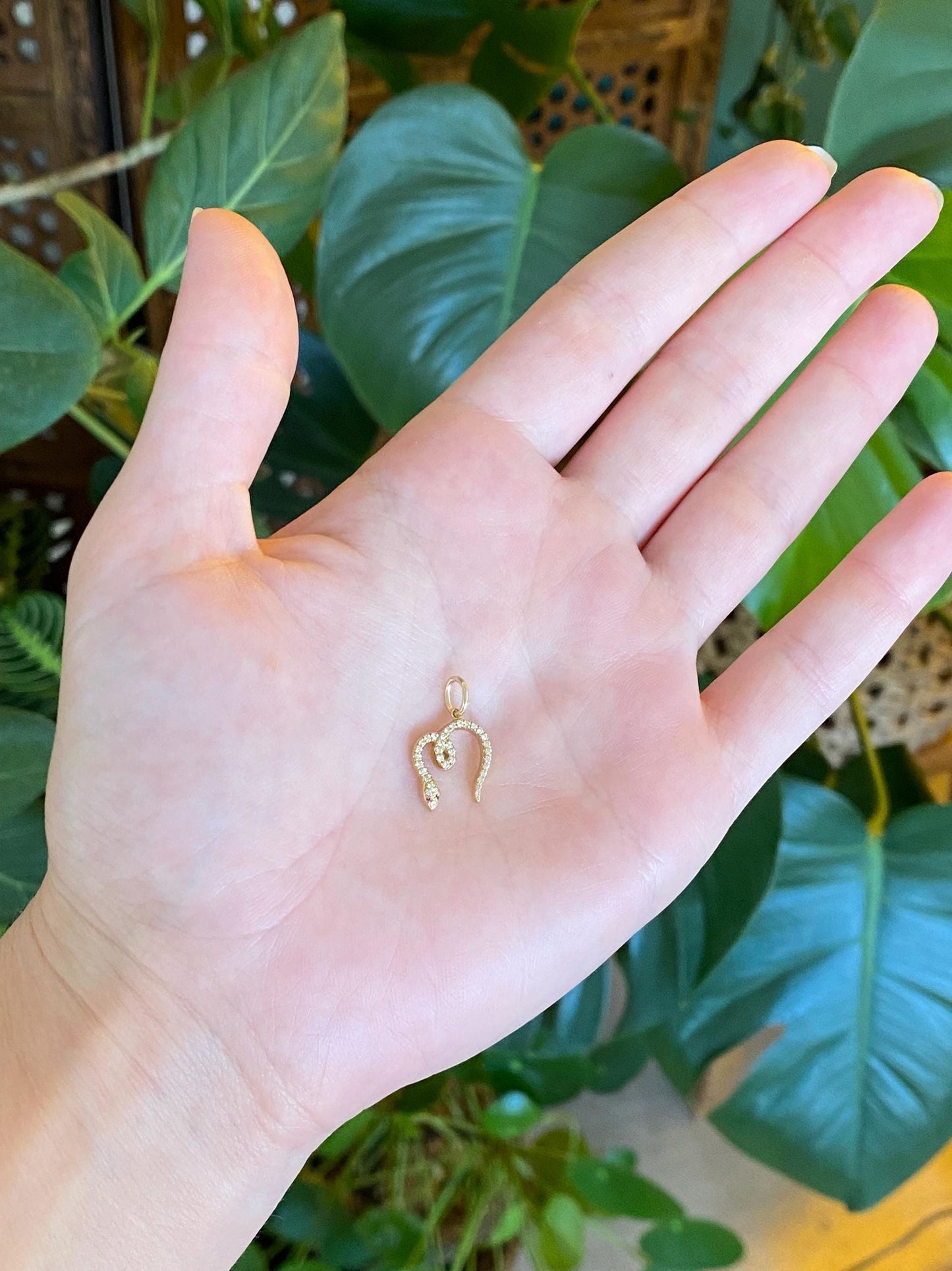 Solid 18k Yellow Gold Diamond Pink Sapphire Eyes Snake Charm