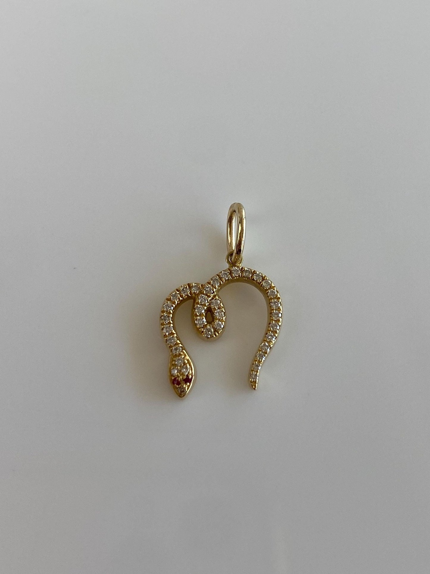 Solid 18k Yellow Gold Diamond Pink Sapphire Eyes Snake Charm