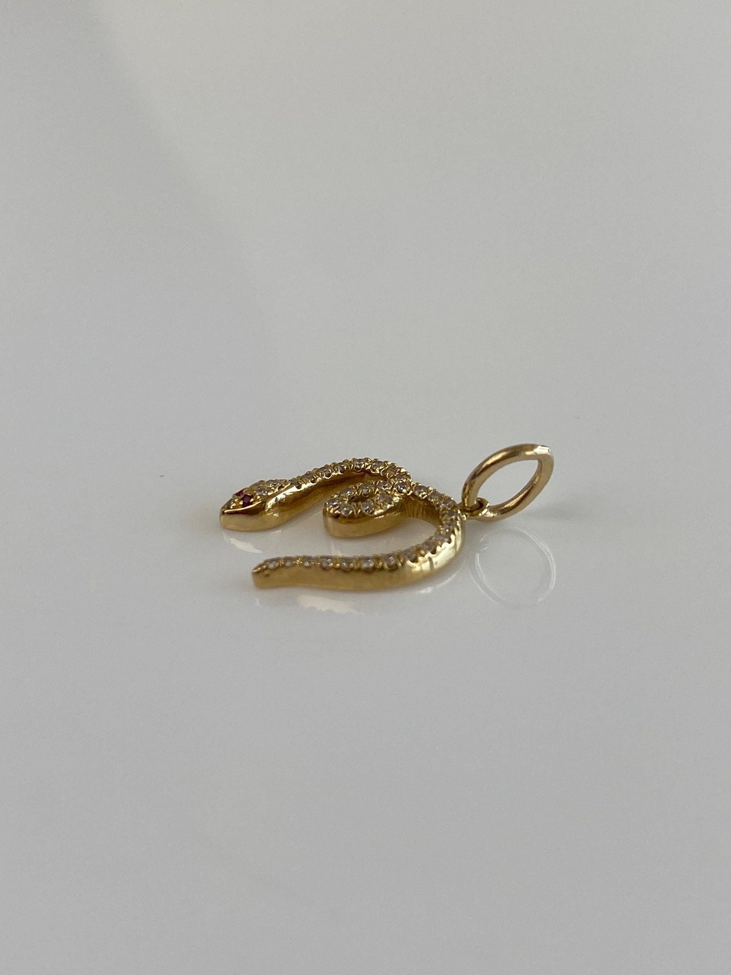 Solid 18k Yellow Gold Diamond Pink Sapphire Eyes Snake Charm