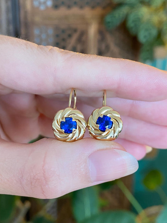 Vintage Solid 14k Yellow Gold Blue Spinel Drop Earrings