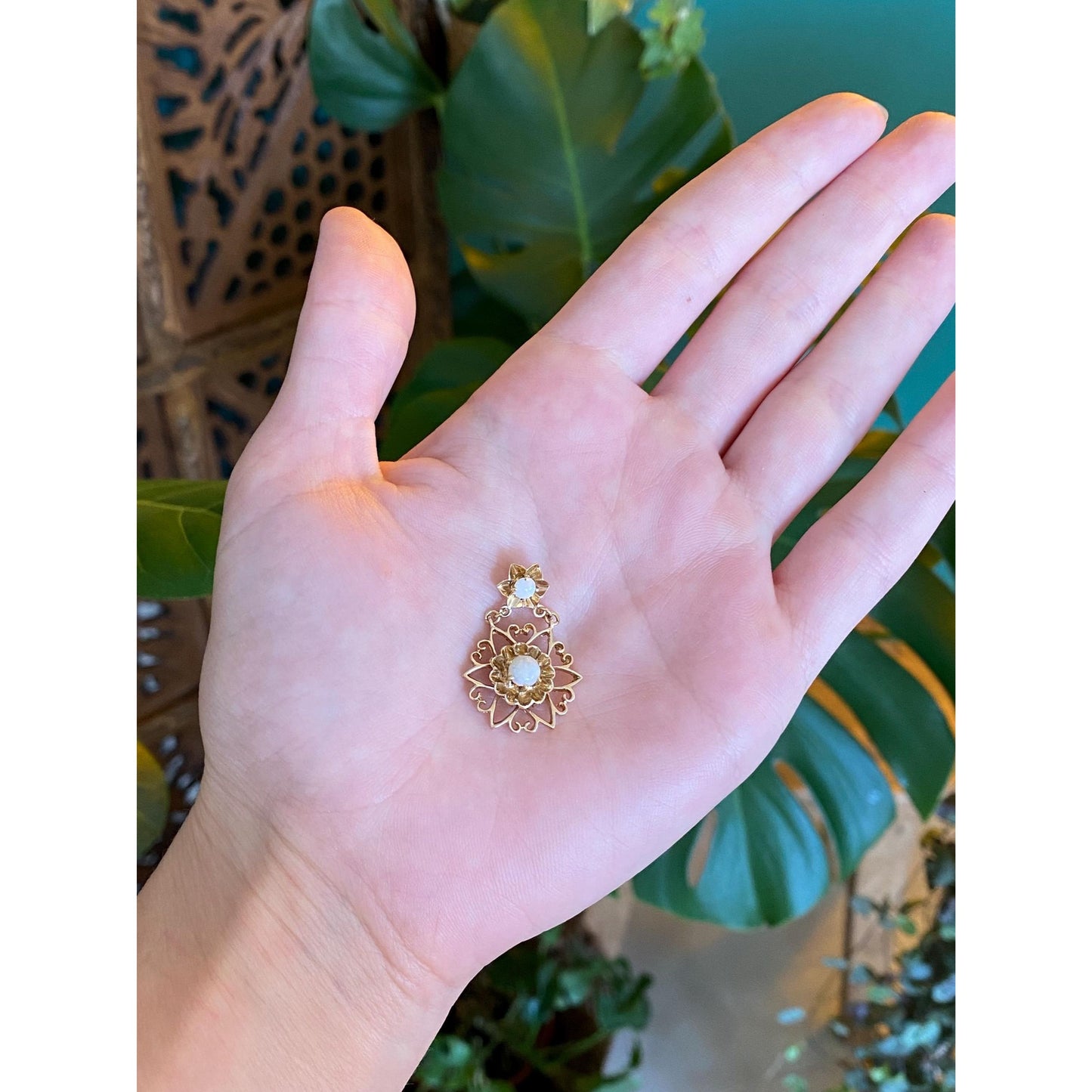 Vintage Solid 10k Yellow Gold Opal Flower Dangle Slide Charm