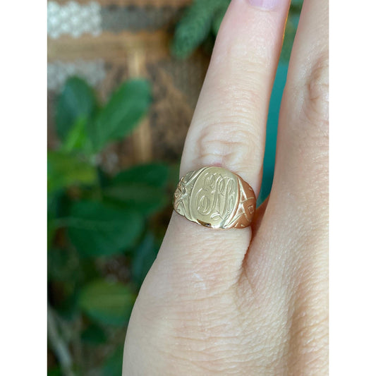 Vintage Solid 10k Yellow Gold Monogram Design Ring Band - Size 3.25