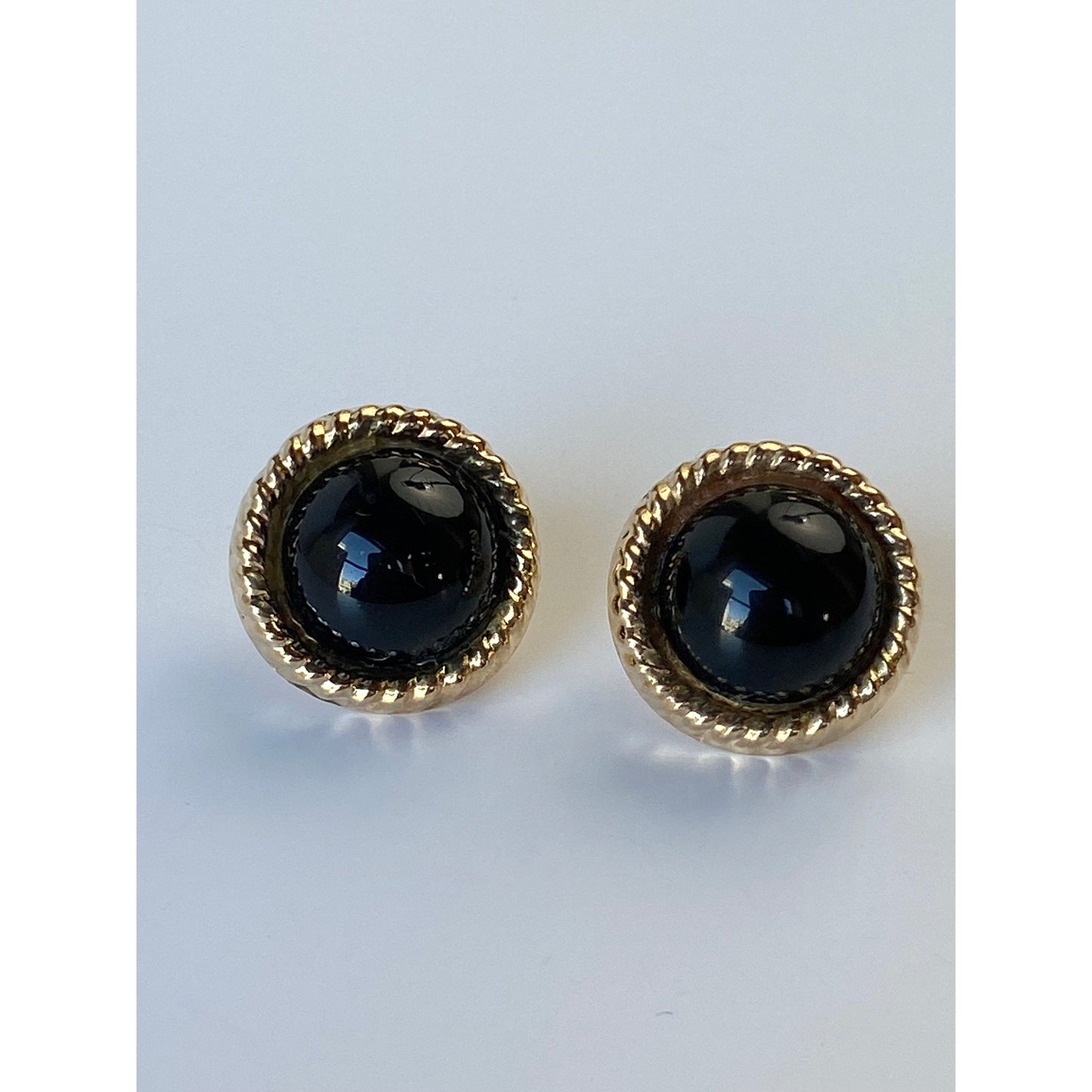 Vintage Solid 14k Yellow Gold Black Dome Stud Earrings