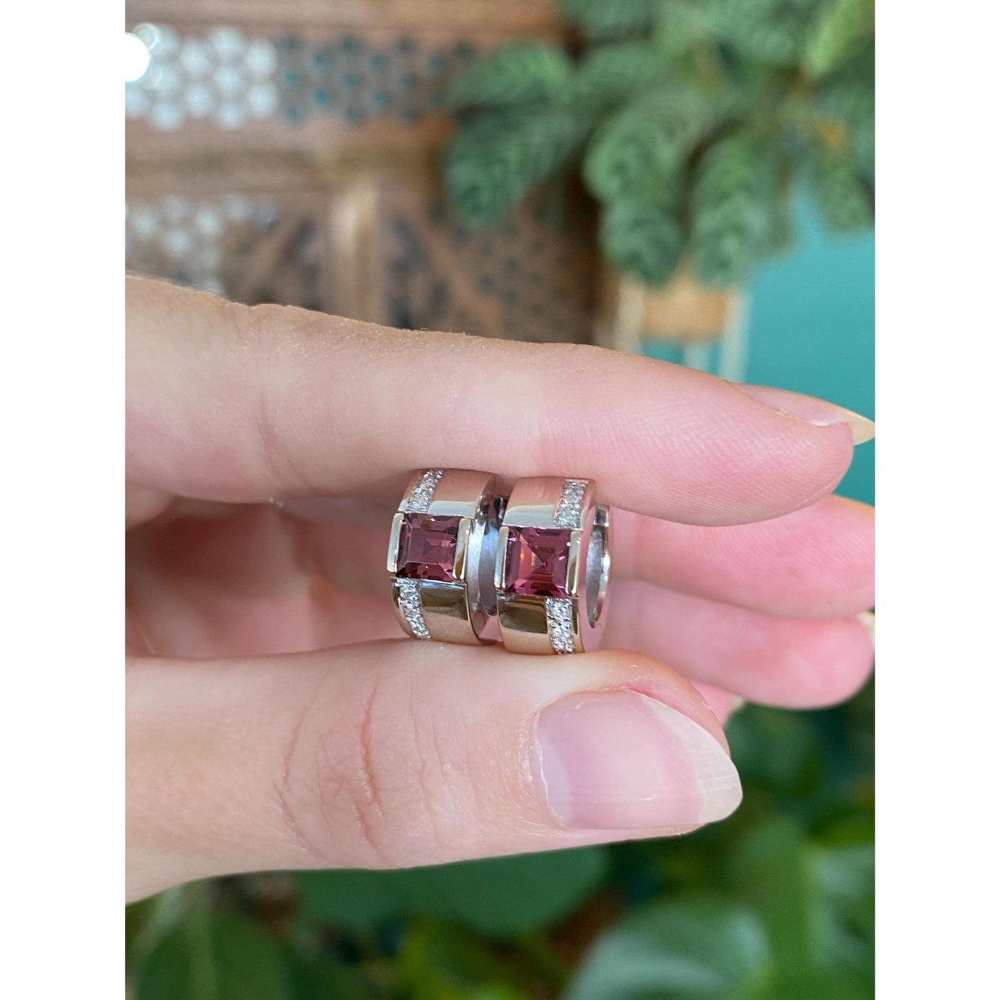 Vintage Solid 18k White Gold Diamond Pink Tourmaline Hoop Earrings