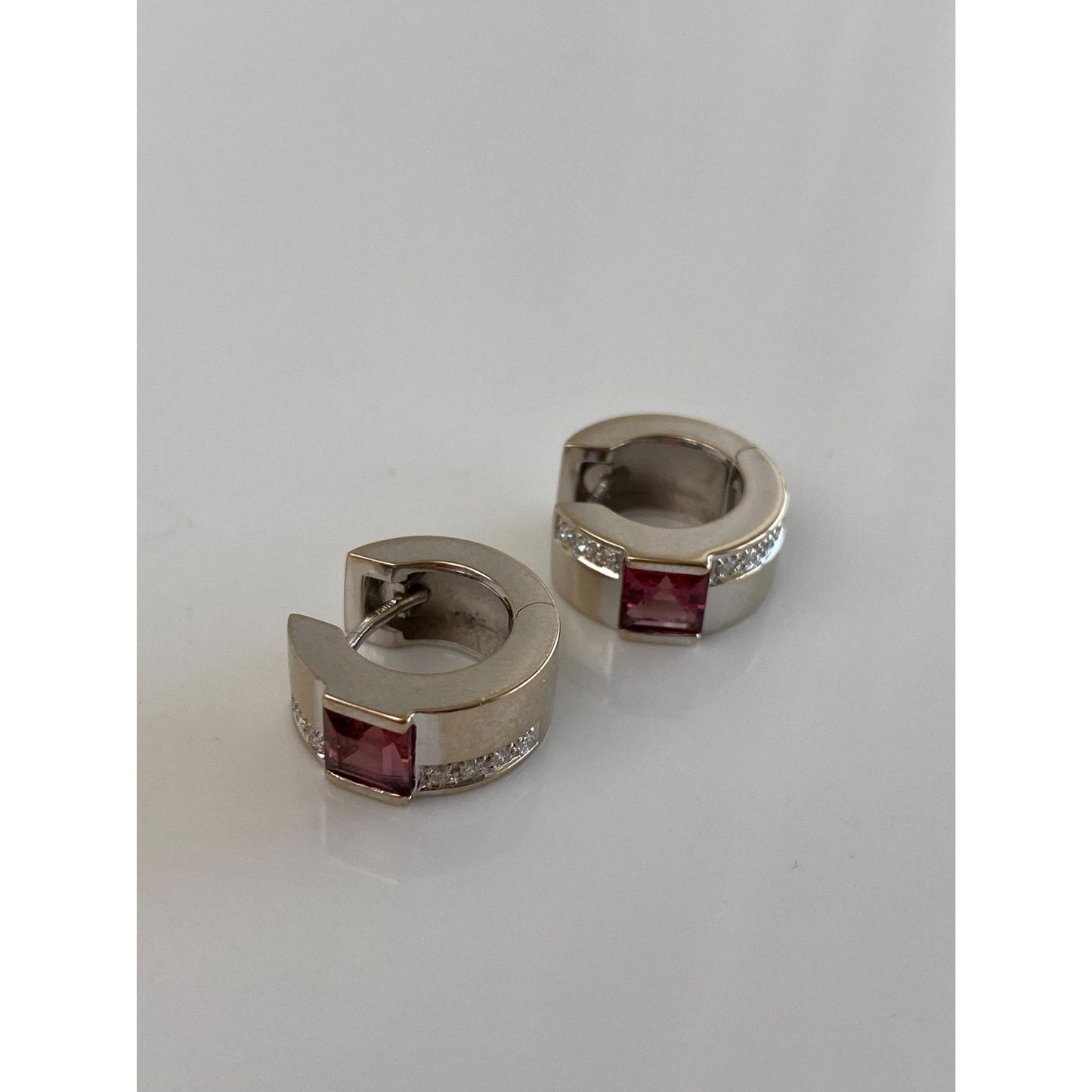 Vintage Solid 18k White Gold Diamond Pink Tourmaline Hoop Earrings