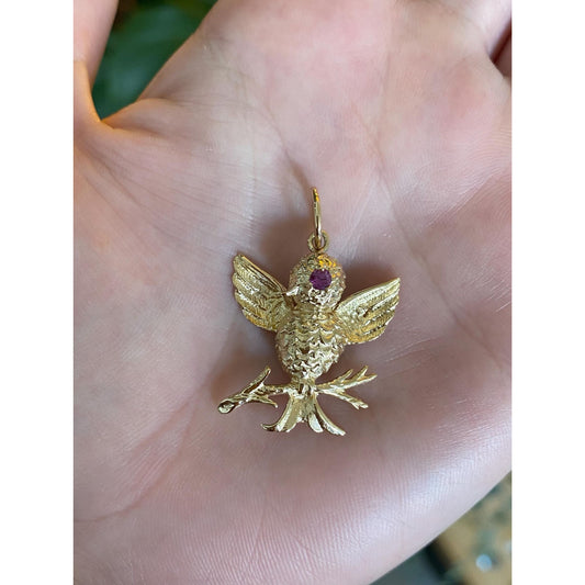 Vintage Solid 14k Yellow Gold Pink Sapphire Bird Branch Charm