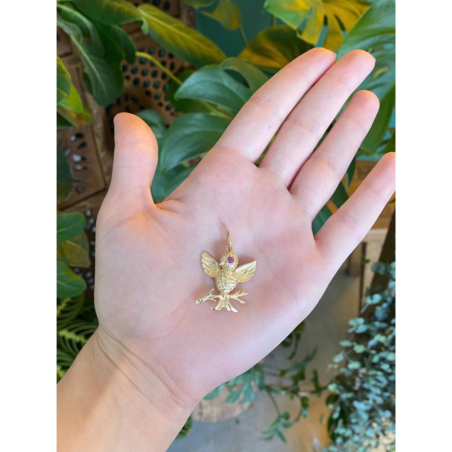 Vintage Solid 14k Yellow Gold Pink Sapphire Bird Branch Charm