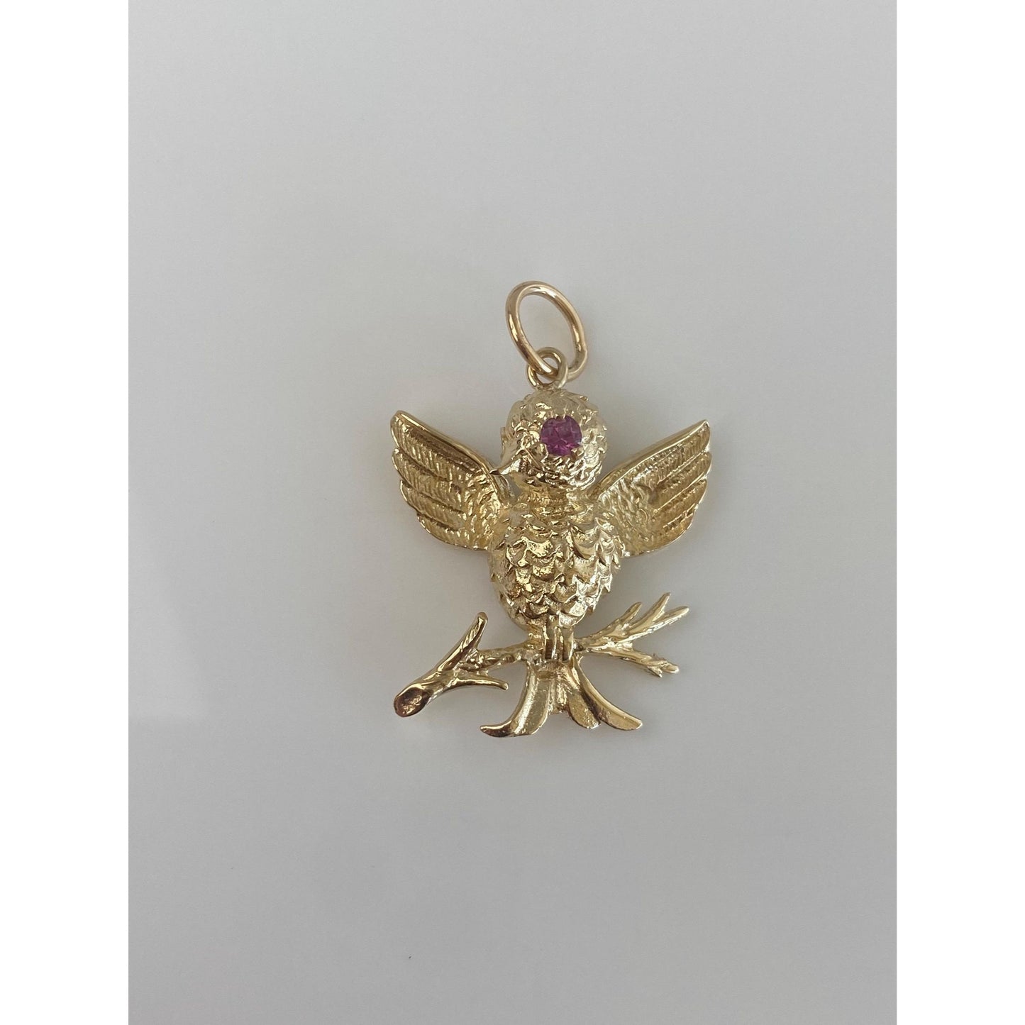 Vintage Solid 14k Yellow Gold Pink Sapphire Bird Branch Charm